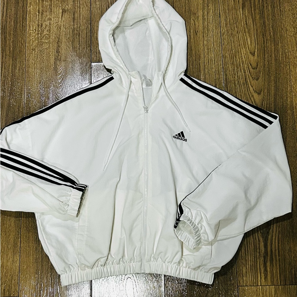 Women's adidas Essentials 3-Stripes Woven Windbreaker SZ M - Picture 6 of 11